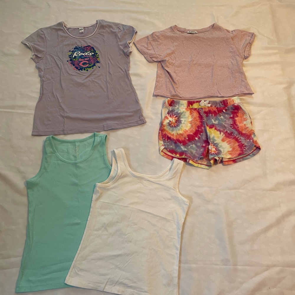 Girls Colorful Bundle, Tanks, Short Sleeve Tops, Tie-Dye Shorts, Size XL (14-16)